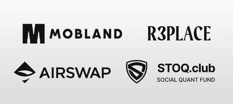 Logo grid of clients Saloni has worked with: Mobland, R3PLACE, Airswap, STOQ.club