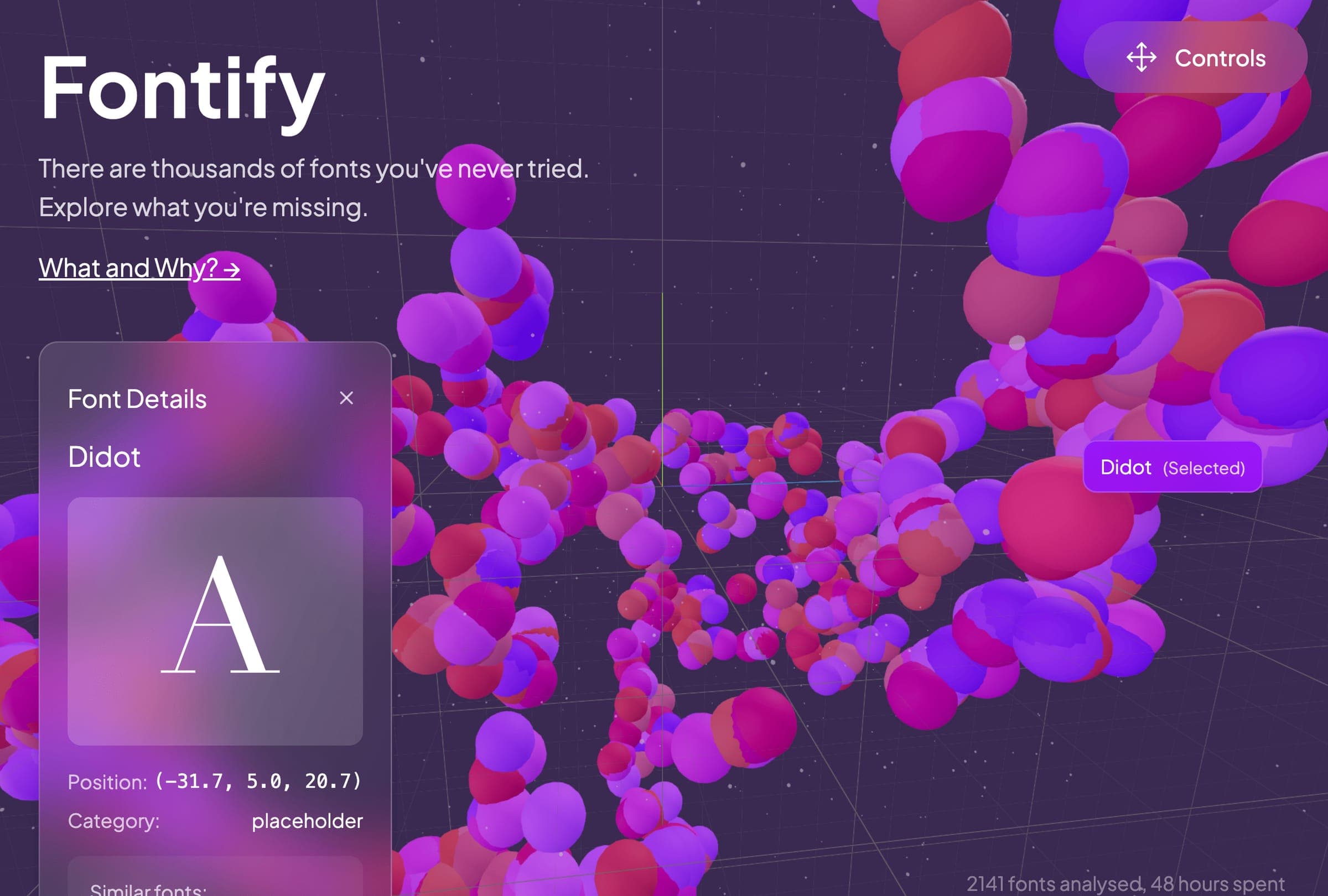 Fontify - 3D space of pink and purple spheres mapping fonts by visual similarity, with a "Didot" font-details panel
