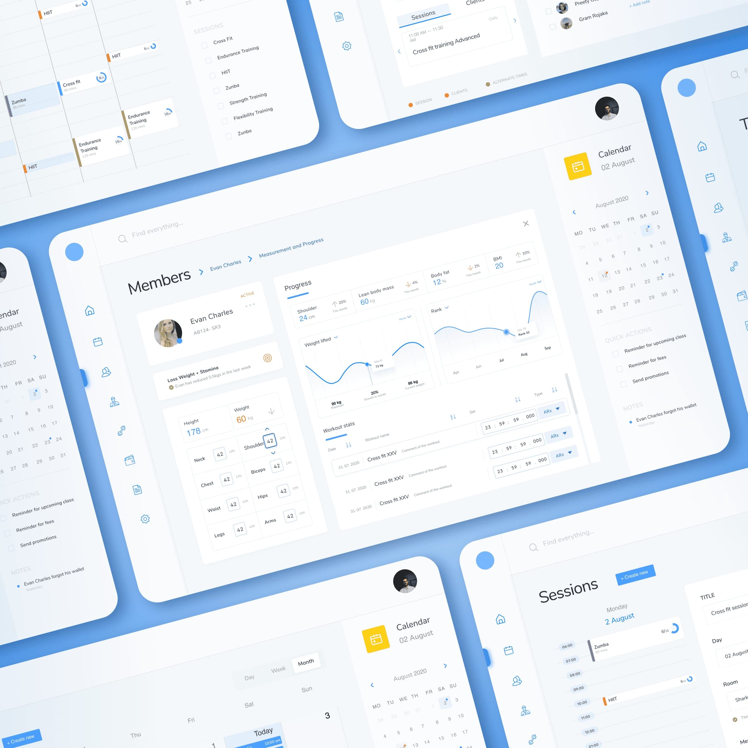 Gym Management admin dashboard - member profile with body metrics graph, calendar, and sessions list