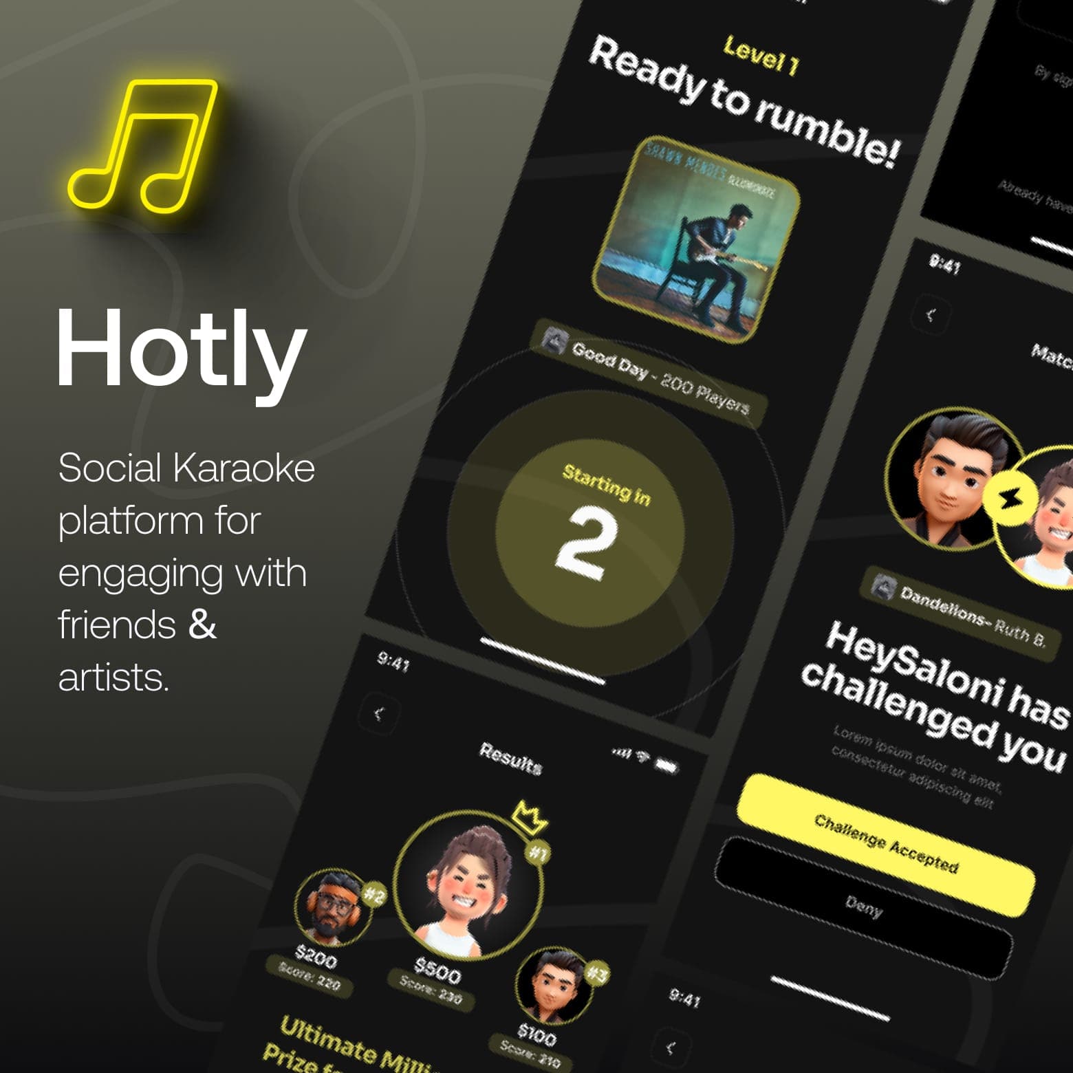 Hotly Social Karaoke product - gameplay, leaderboards, and player matchups across mobile screens