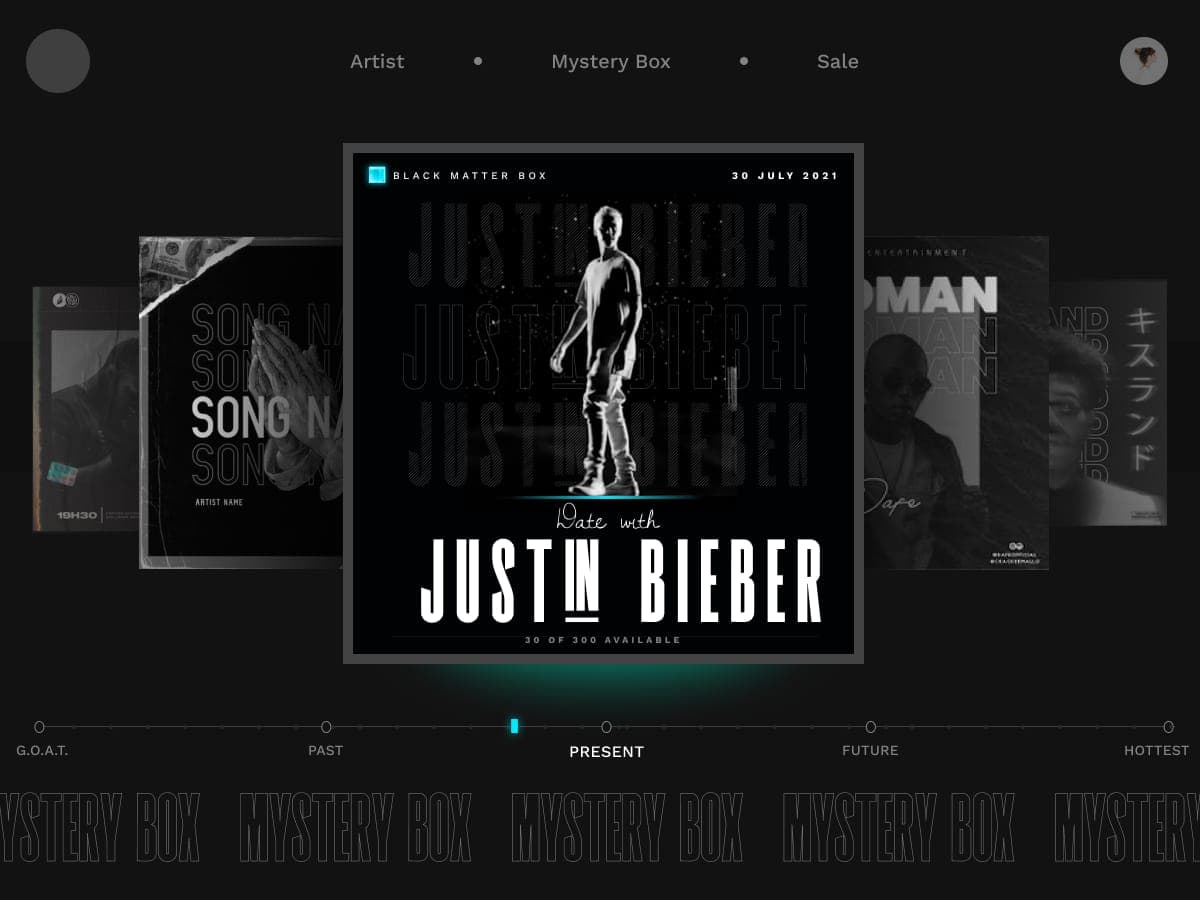 NFT Mystery Box concept - celebrity-music collectibles ("Date with Justin Bieber" Black Matter Box) on a past/present/future timeline