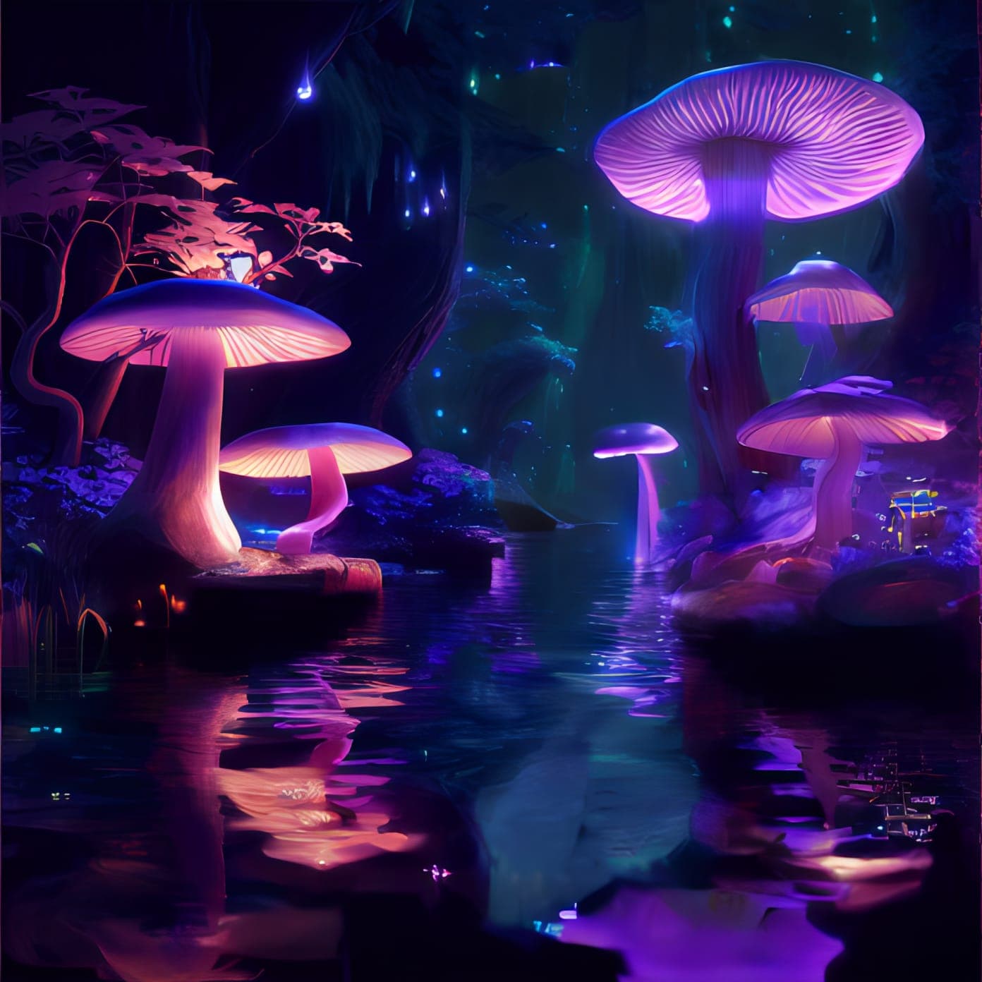 Stable Diffusion experiment - glowing pink and violet mushrooms in a mystical forest reflected on still water