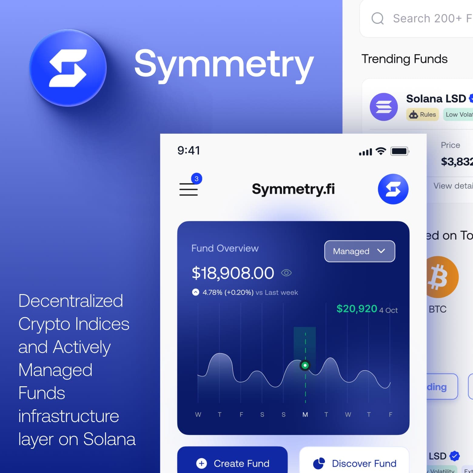 Symmetry - decentralized crypto indices and managed funds on Solana, mobile portfolio overview with fund chart