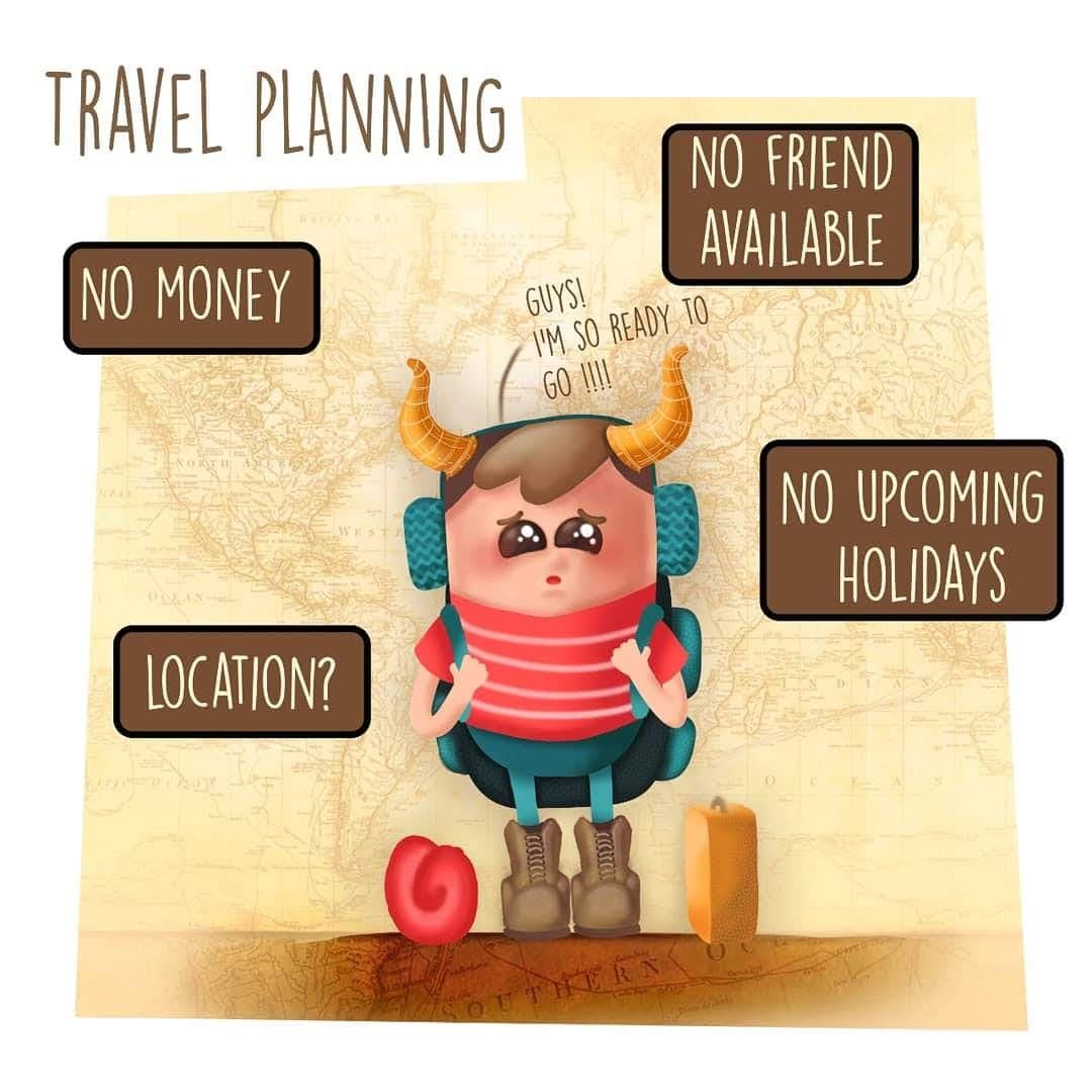 "Travel Planning" digital illustration from Saloni's Instagram - a horned backpacker character on a vintage map surrounded by speech labels: "No Money", "Location?", "No Friend Available", "No Upcoming Holidays"
