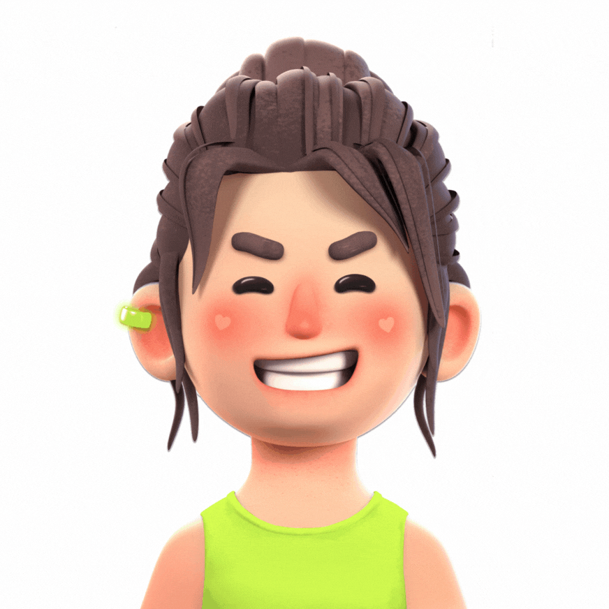 Animated 3D avatar of Saloni - brown messy bun, lime-green tank top, wide grin