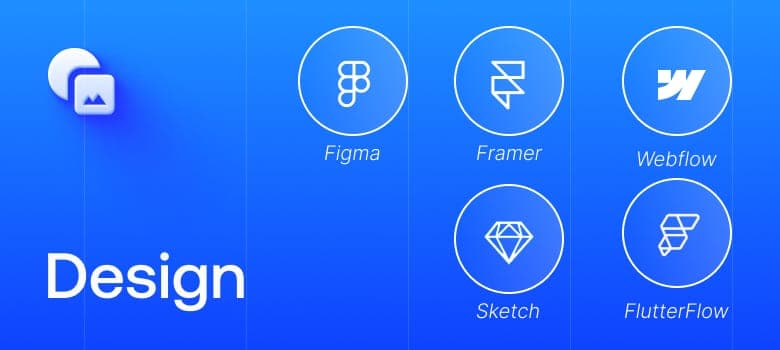 Design tools logo grid: Figma, Framer, Webflow, Sketch, FlutterFlow
