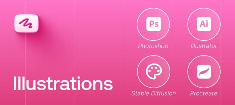 Illustration tools logo grid: Photoshop, Illustrator, Stable Diffusion, Procreate