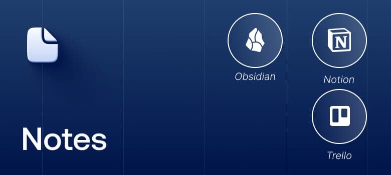 Notes and project tools logo grid: Obsidian, Notion, Trello