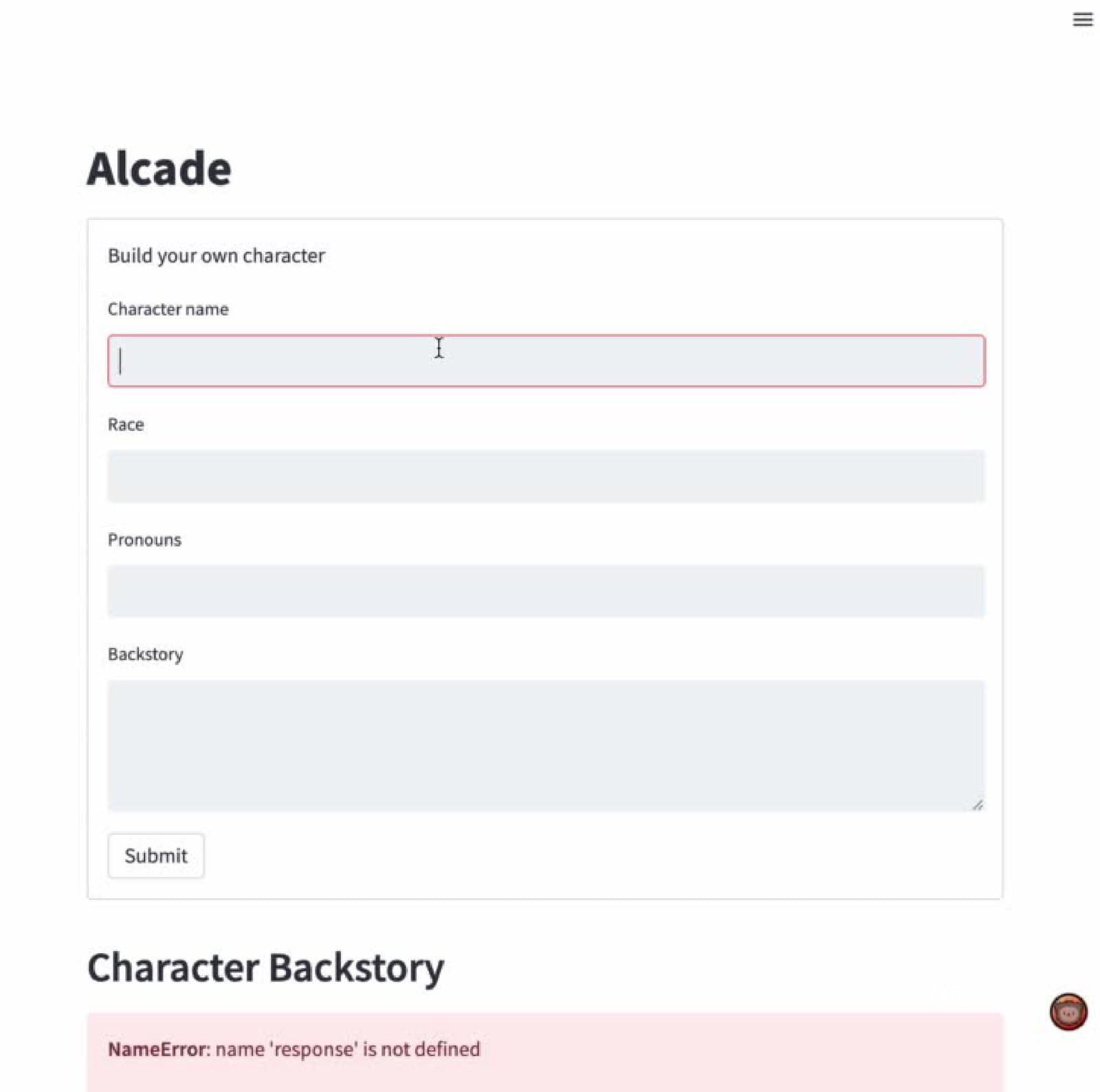 Slide from the Alcade pitch deck showing the character creation form, with a pink Streamlit error bar at the bottom reading “NameError: name ‘response’ is not defined”