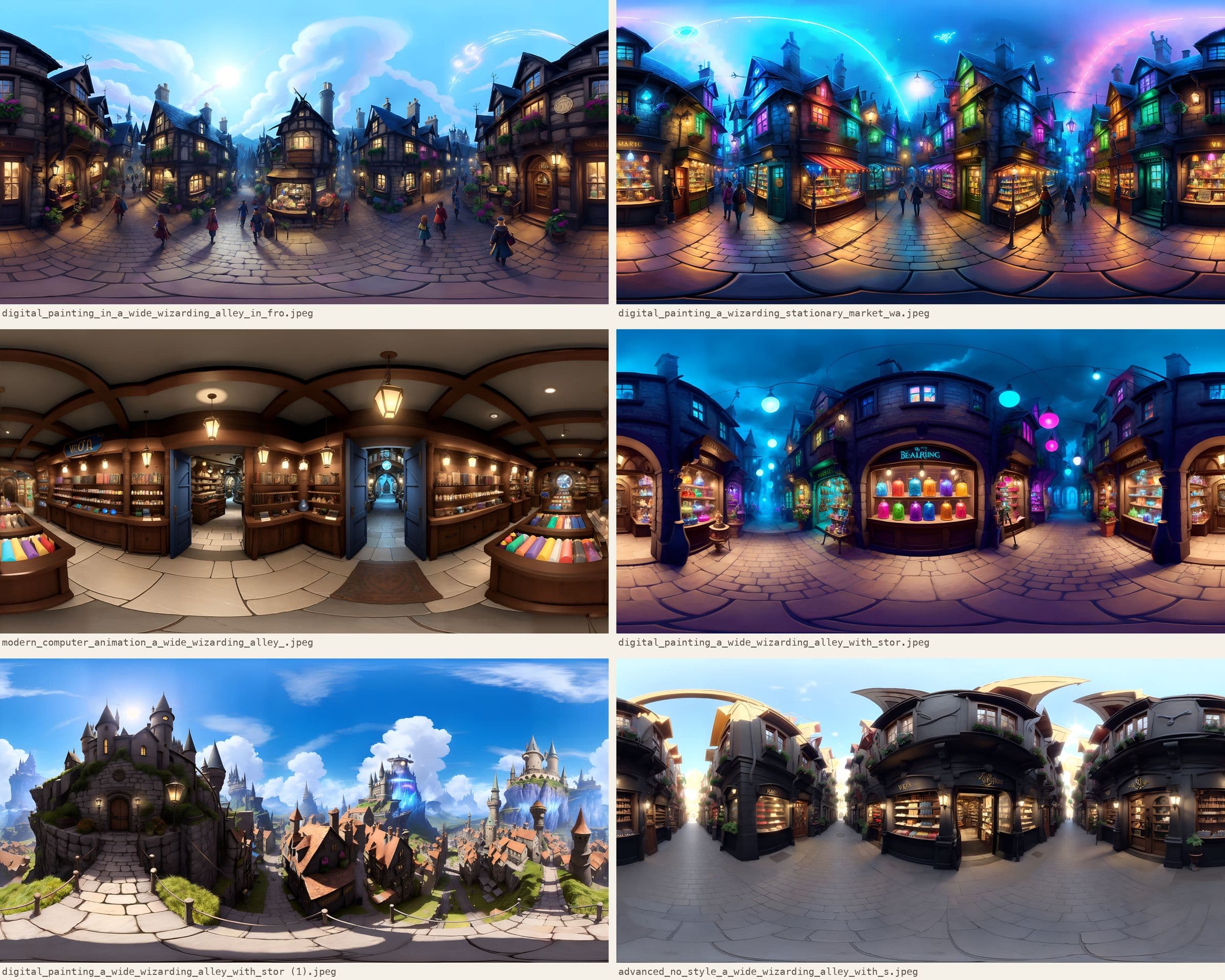 Six AI-generated panoramas of the same wizarding market street in different styles - daylight painting, neon night, 3D animation, dark storefronts, castle town, photoreal - each labeled with the raw prompt filename it was generated from