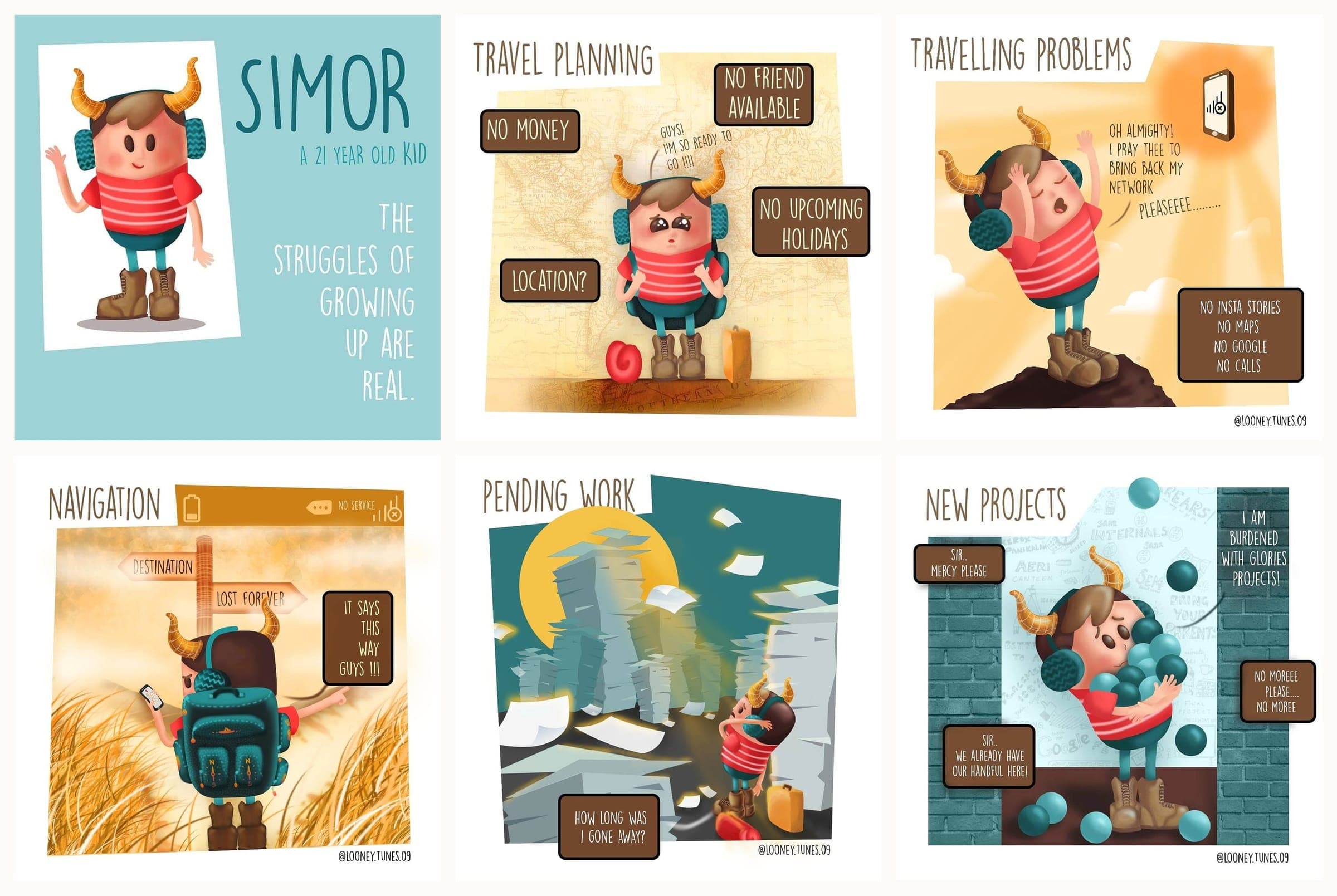 Six posts from the Simor character series: an intro card reading "SIMOR, a 21 year old kid - the struggles of growing up are real", then episodes titled Travel Planning, Travelling Problems, Navigation, Pending Work, and New Projects, each a rendered illustration of the small horned character mid-crisis