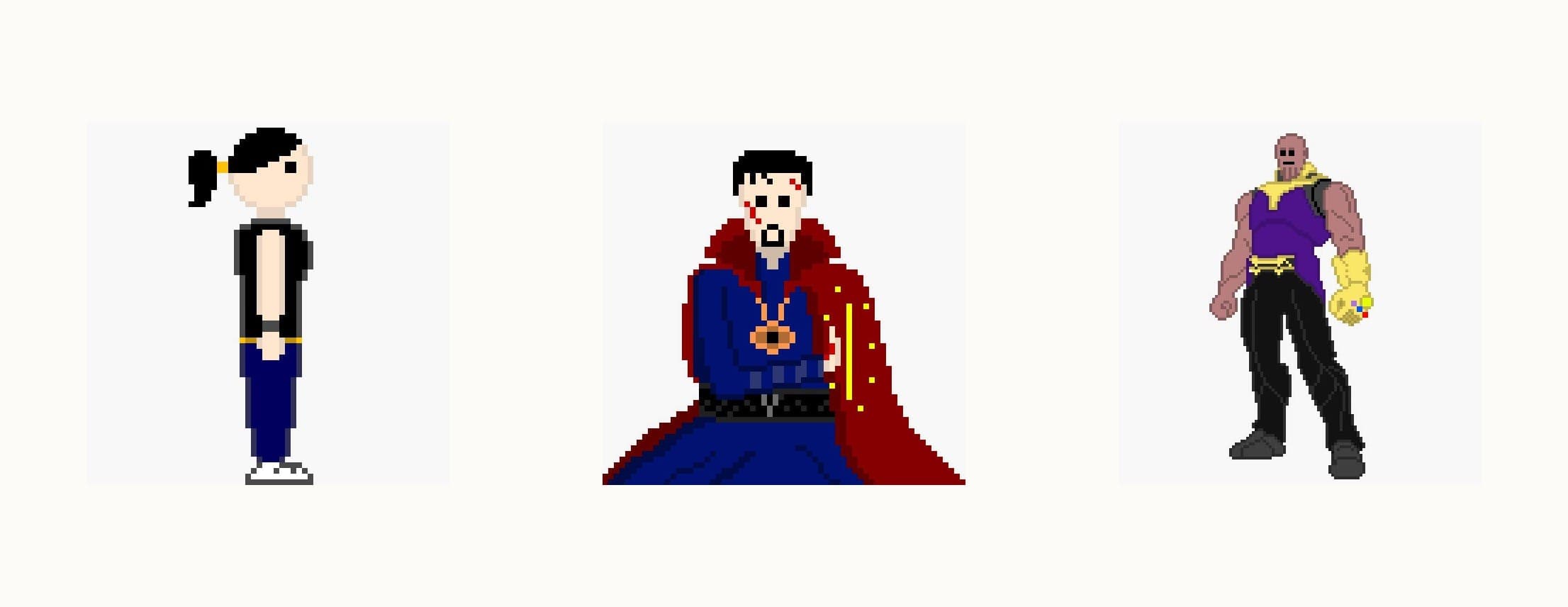Three pixel-art characters on plain backgrounds: a girl with a black ponytail, Doctor Strange with his red cloak and amulet, and Thanos wearing the Infinity Gauntlet