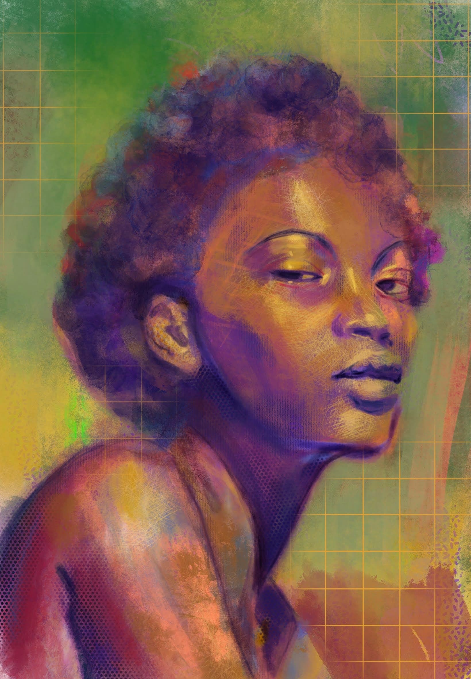 Digital painting of a woman with an afro looking over her shoulder, built from purple, gold and green strokes with a faint grid texture over the background