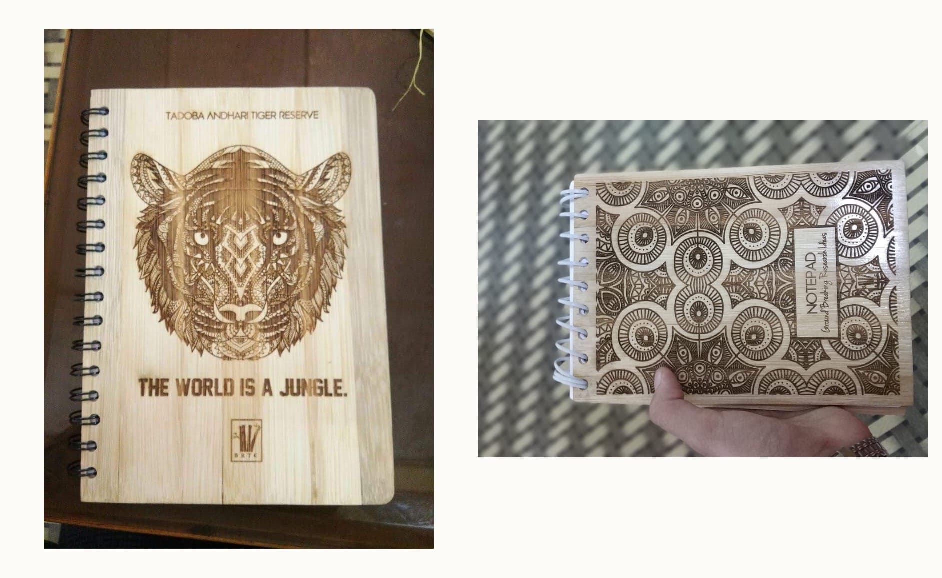 Two laser-engraved bamboo notebooks: a spiral-bound cover engraved with an ornate tiger head, titled "Tadoba Andhari Tiger Reserve" and captioned "The World Is A Jungle" above a BRTC mark, and a pocket notepad covered edge to edge in an engraved mandala pattern