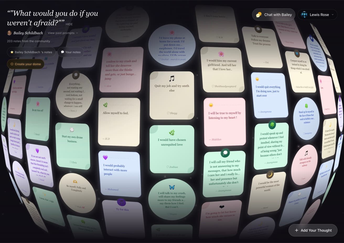 The Dome wall today: a wide view of the current prompt with a wall of anonymous notes beneath it