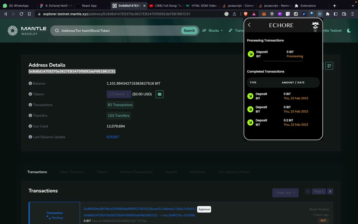 The Echore panel open over the Mantle testnet explorer’s Address Details page: completed BIT deposits dated Thursday 23 February 2023 in the panel, and the test wallet’s stats on the page behind it - 82 transactions, 153 transfers, 12 million gas used