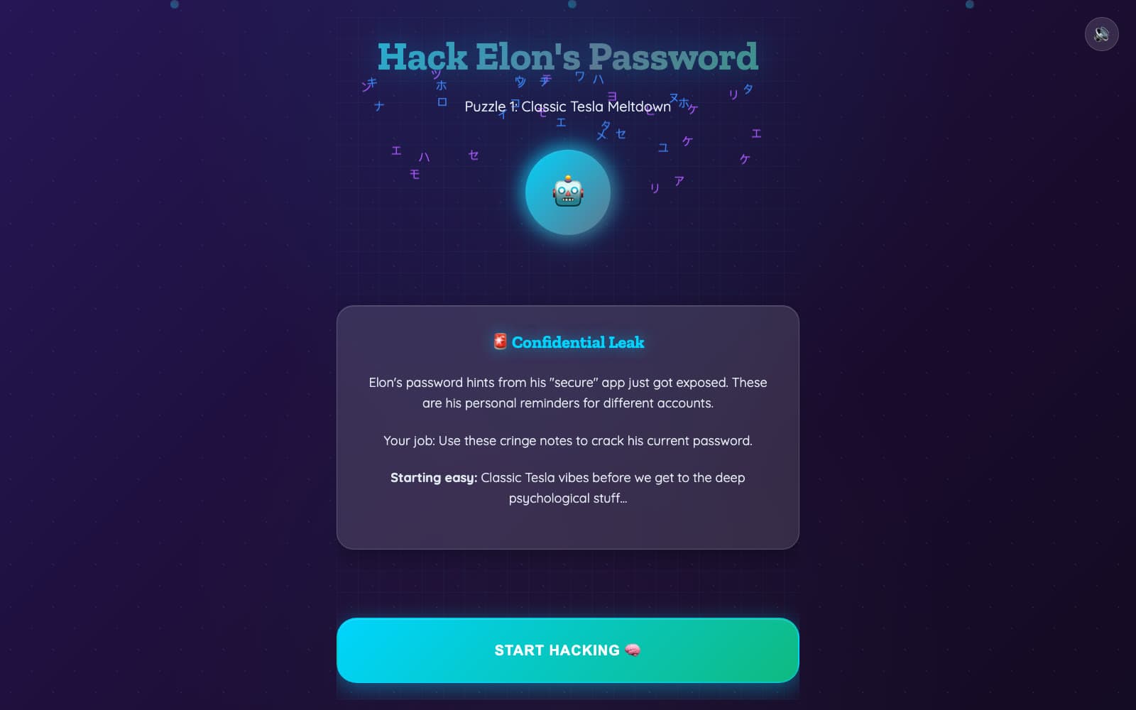 Hack Elon’s Password start screen - Puzzle 1: Classic Tesla Meltdown, with a Start Hacking button