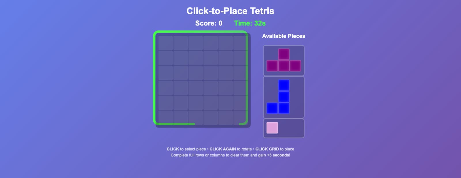 Click-to-Place Tetris - a 6x6 grid beside an Available Pieces tray