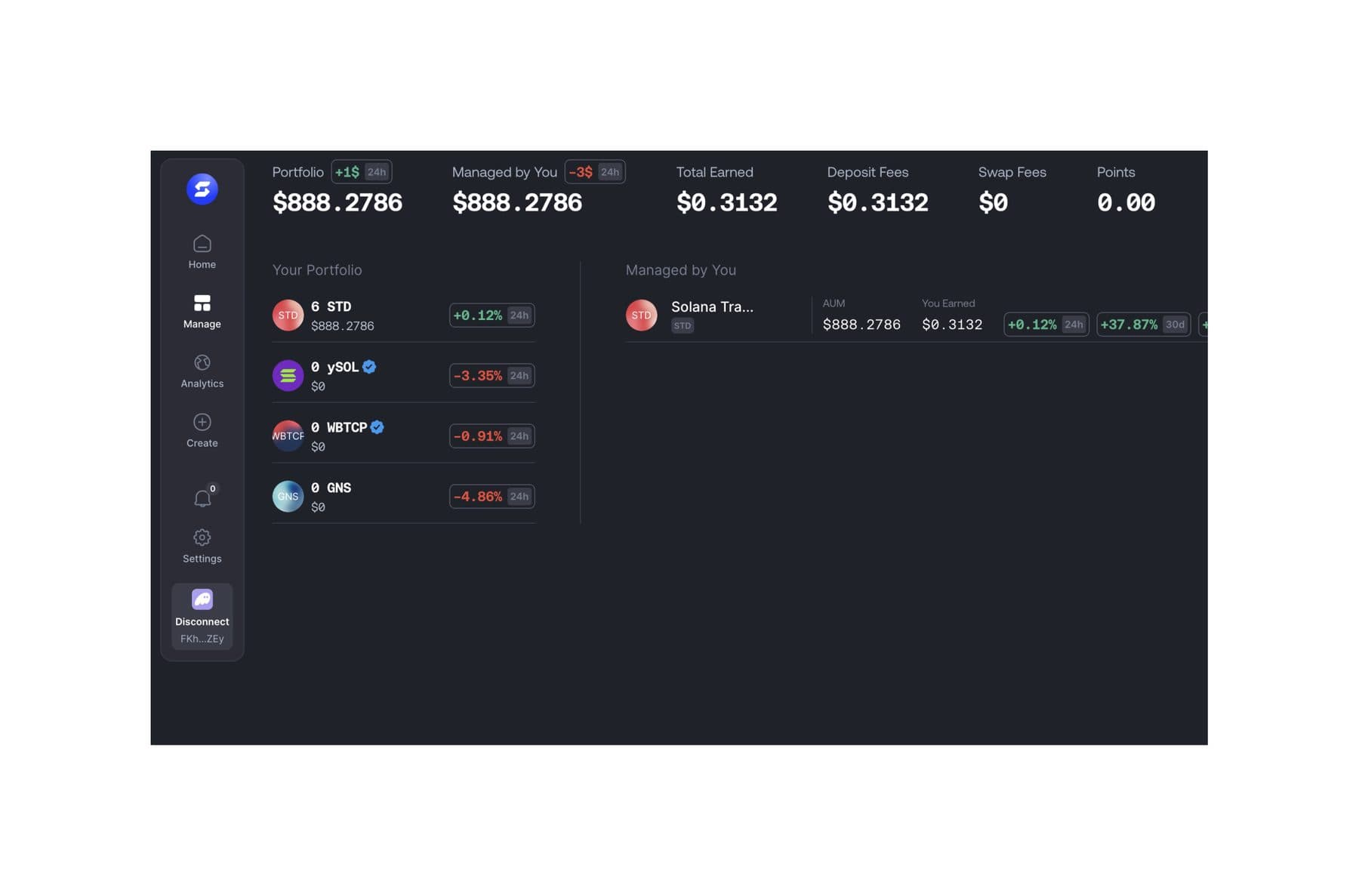 The original portfolio screen: a dark interface with a row of raw numbers across the top and a sparse list of holdings beneath.