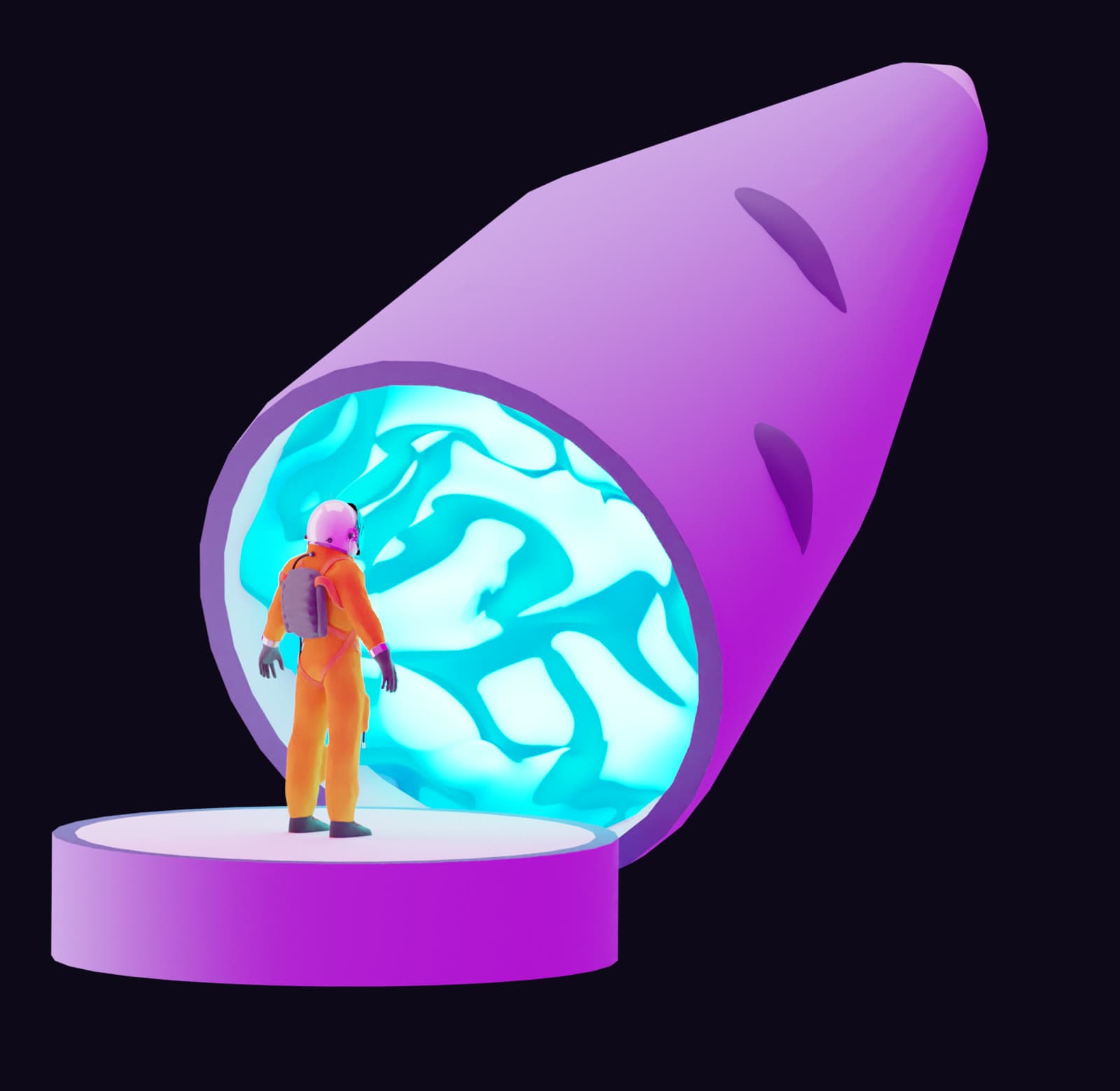 Final Blender render: a giant purple ube floating at an angle with its cut face open as a glowing turquoise portal, and a small orange-suited astronaut standing on the sliced-off disc below, looking in