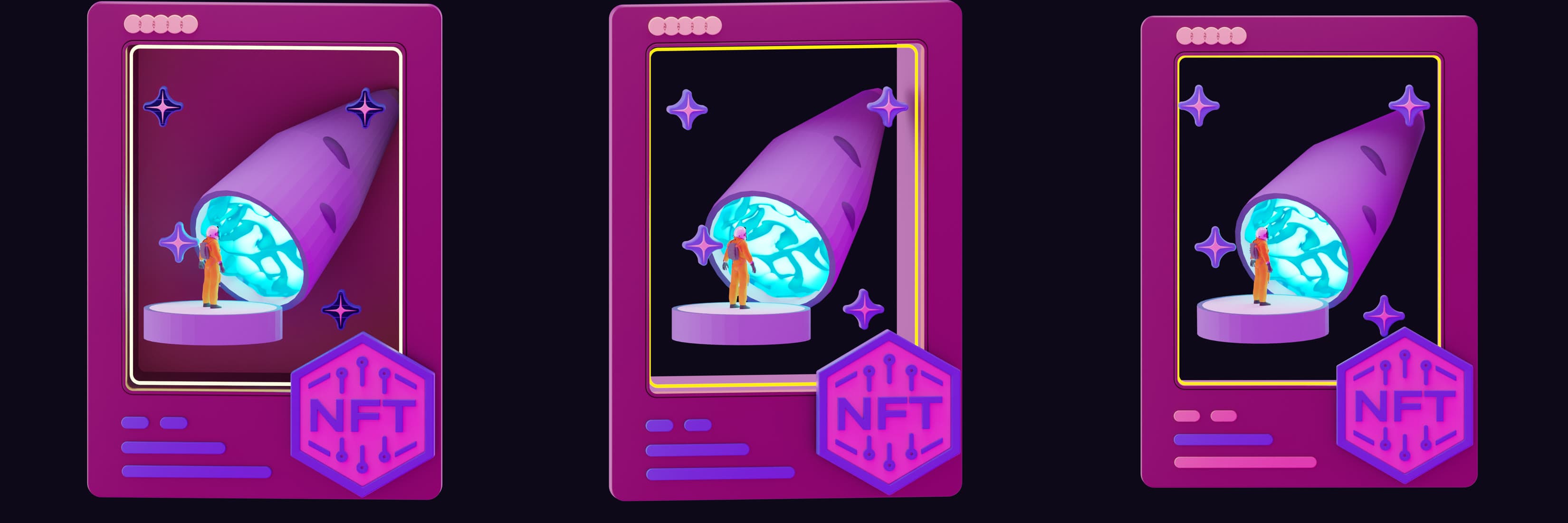Three-panel strip of the Into the Ube-verse NFT trading cards side by side, each a different colorway of a magenta card frame holding the astronaut-and-ube-portal scene with sparkle accents and a hexagonal NFT badge