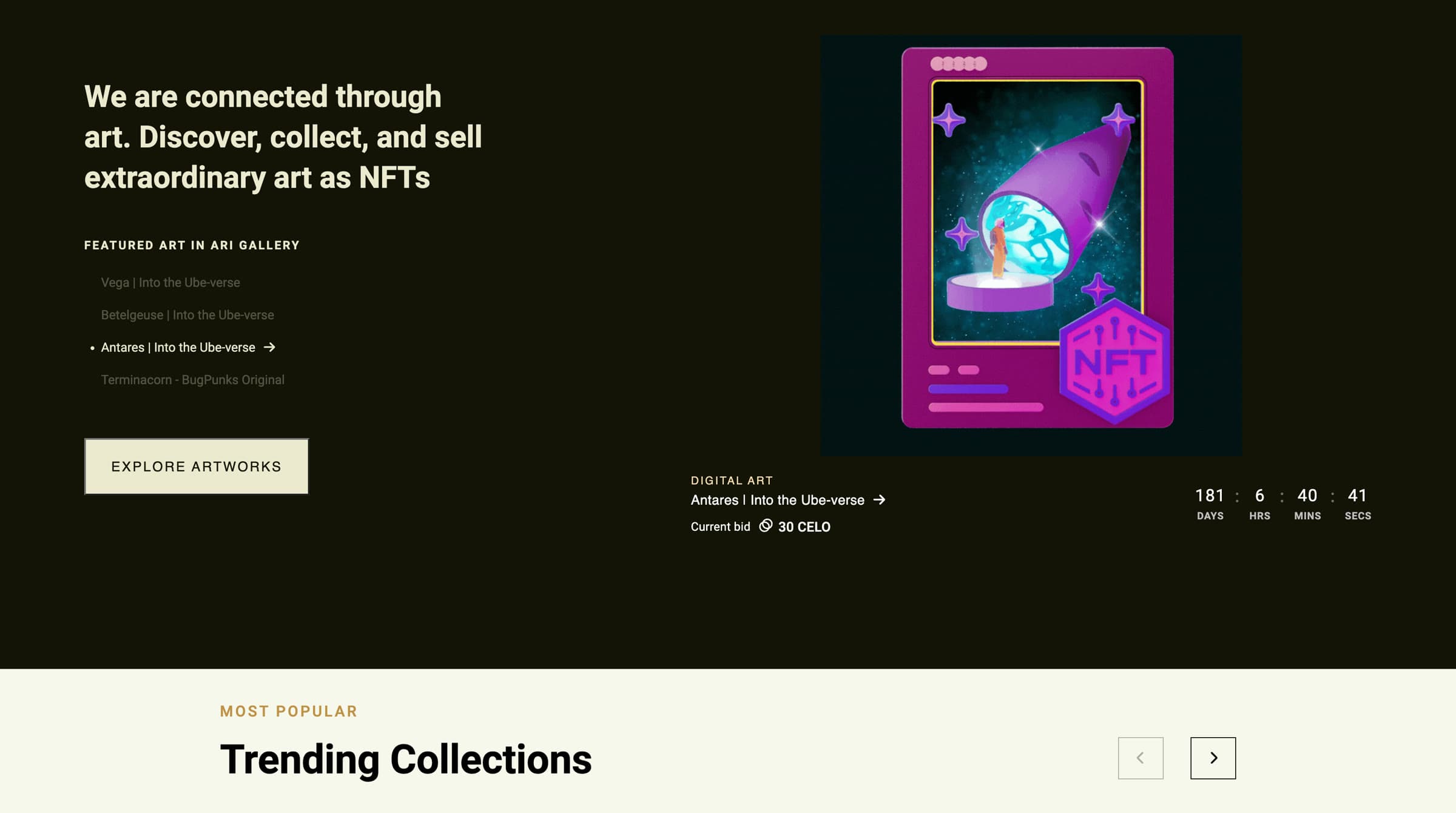 The Ari Gallery marketplace front page on December 21, 2022: the featured-art list shows Vega, Betelgeuse and Antares from Into the Ube-verse plus one other NFT, with the Antares card on display, a live 30 CELO bid and a 181-day countdown