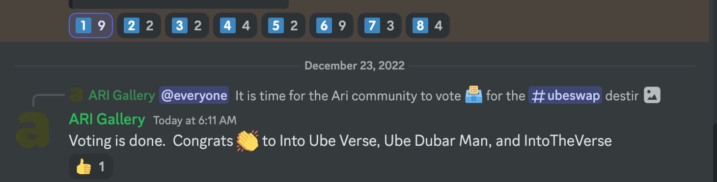 Ari Swap Discord vote channel, December 23, 2022: an eight-option poll with vote-count reactions, and ARI Gallery announcing “Voting is done. Congrats 👏 to Into Ube Verse, Ube Dubar Man, and IntoTheVerse”
