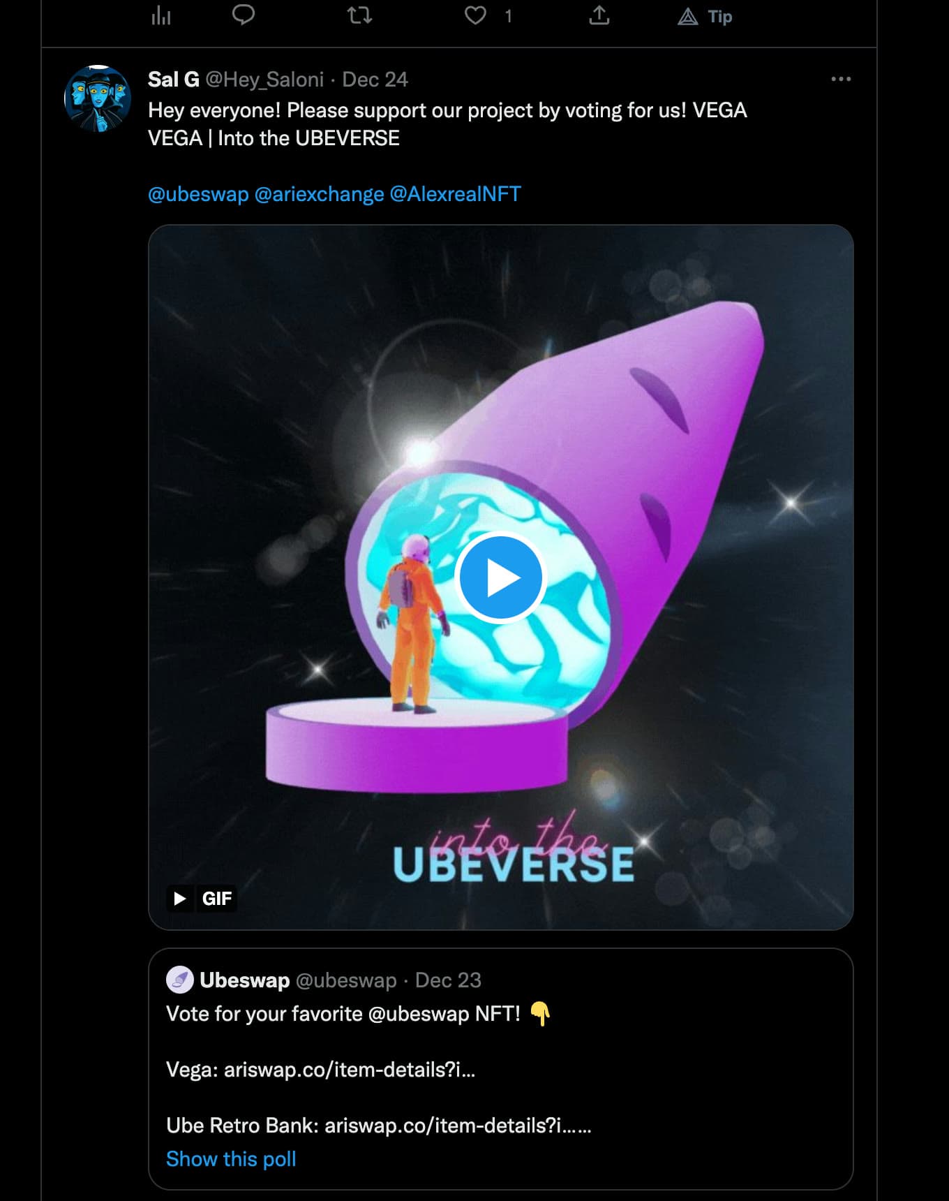 Sal’s tweet from December 24, 2022: “Hey everyone! Please support our project by voting for us! VEGA | Into the UBEVERSE” with the animated Ubeverse GIF attached, quote-tweeting Ubeswap’s three-way NFT poll