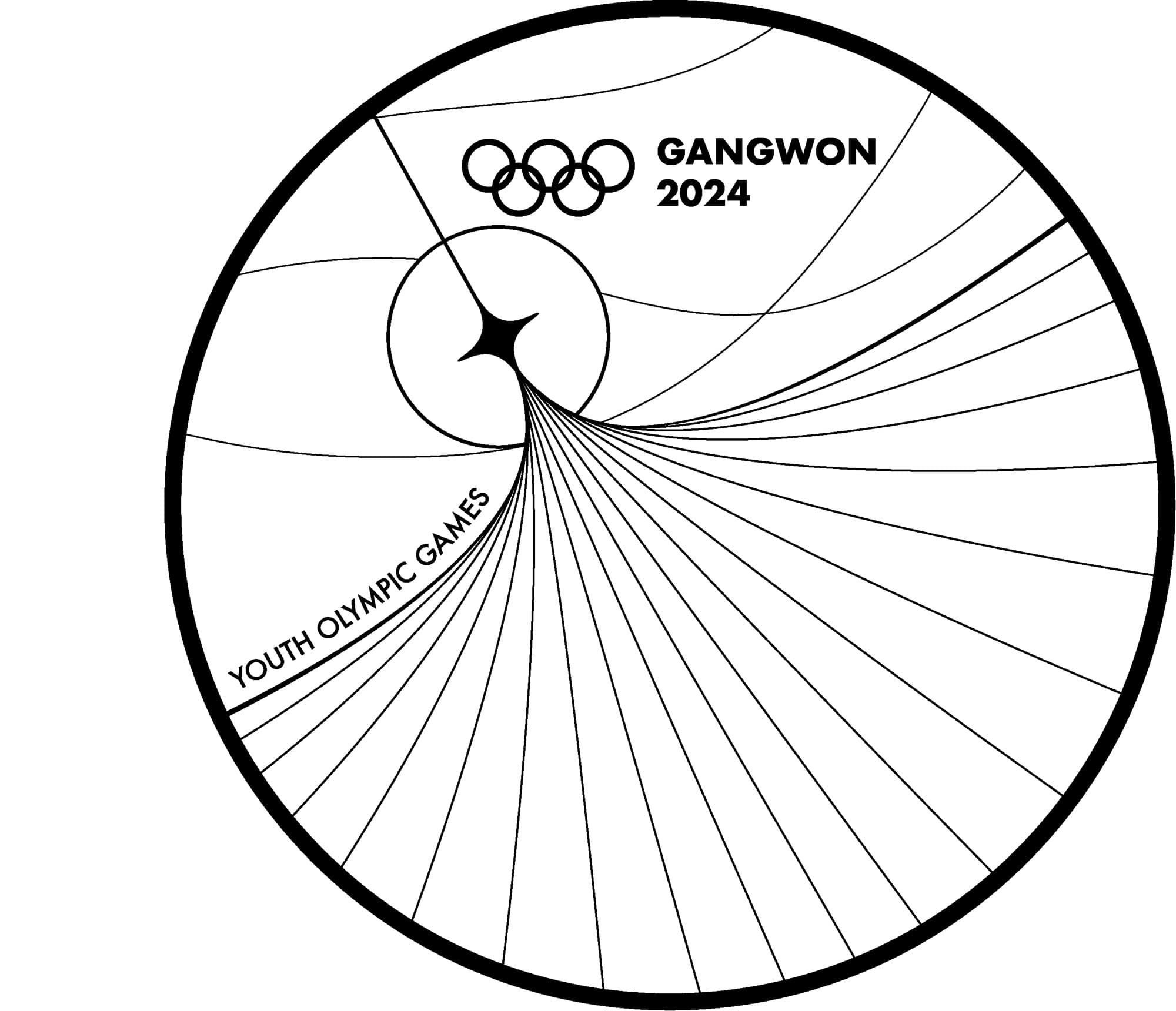 Final vector line art of the medal design: a thin circular border enclosing a fan of dozens of lines converging into a four-pointed star inside a solid circle, with the Olympic rings and Gangwon 2024 wordmark above and the words Youth Olympic Games curving along one sweep