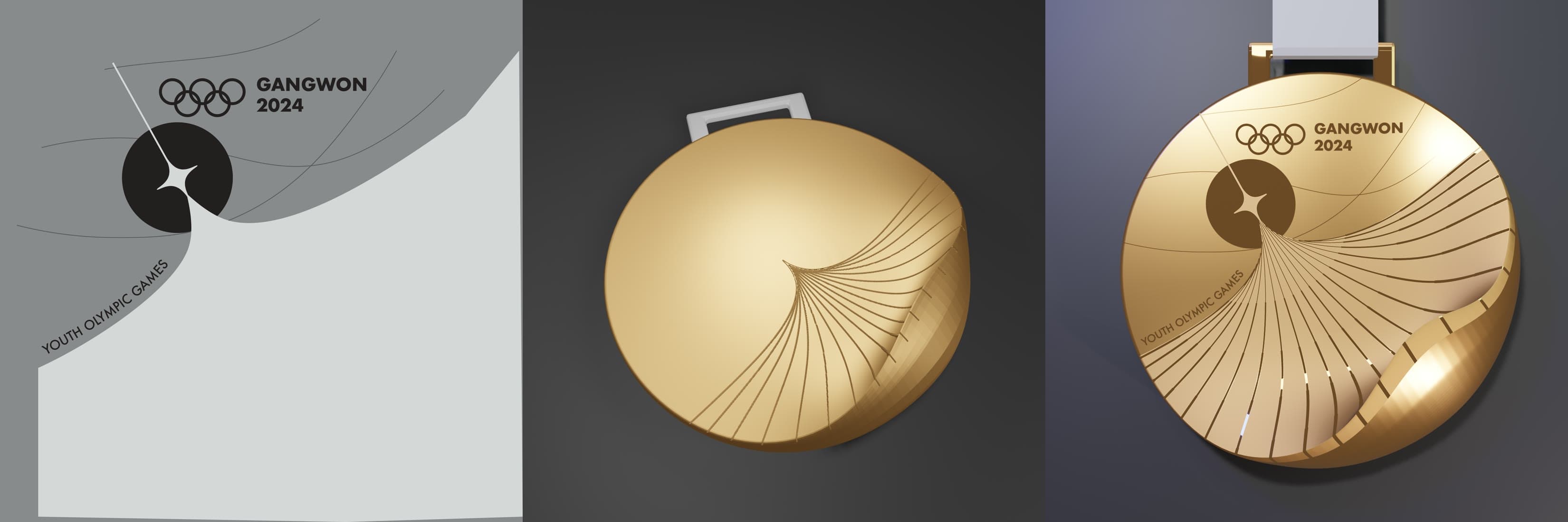 Three-panel process strip: the grayscale shine mask exported from Illustrator, an early Blender test render of a mostly blank gold disc with only partial engraving, and the final render with the full artwork engraved and catching light