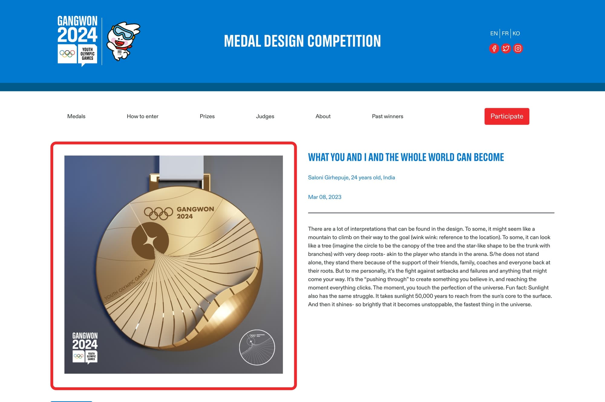 Screenshot of the Gangwon 2024 Medal Design Competition website showing entry 2685: the submitted gold medal render in a highlighted card beside the title “What you and I and the whole world can become”, the byline “Saloni Girhepuje, 24 years old, India”, the date Mar 08 2023 and the full submission statement